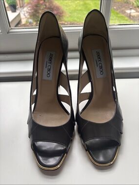 Jimmy Choo Black Leather Peep-Toe Stiletto Heels with Gold Trim